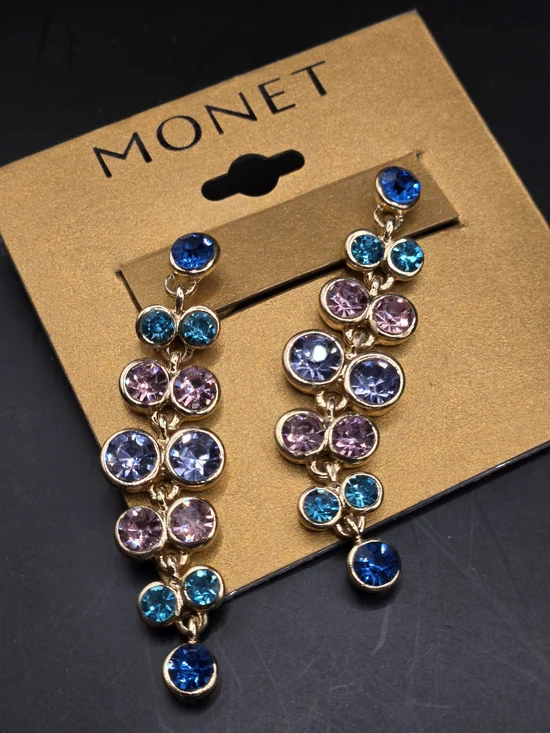 NWT Monet Multi-Color Crystal Drop Earrings Gold Tone Statement Dangle Vintage - Picture 6 of 9